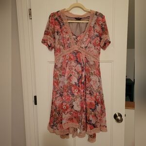 Ranna Gill Floral Pink and Cream Midi Dress Size M/L